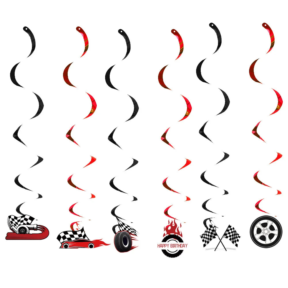 A set of black and red racing car silhouette decorations shaped like swooshes for a birthday party.