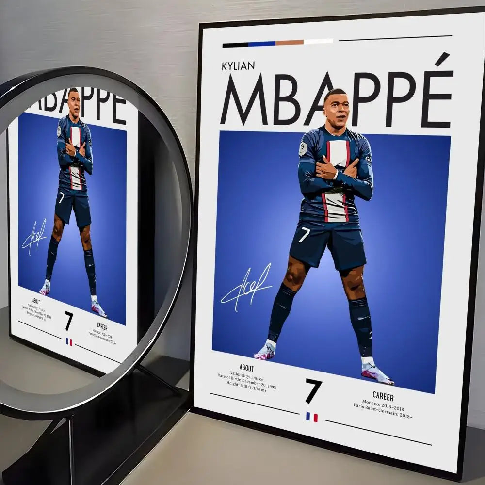 A framed poster featuring Kylian Mbappé in a blue and white jersey, with text detailing his career and birth information.