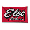 A red flag featuring the text E-tec and Edelbrock in white and black lettering.