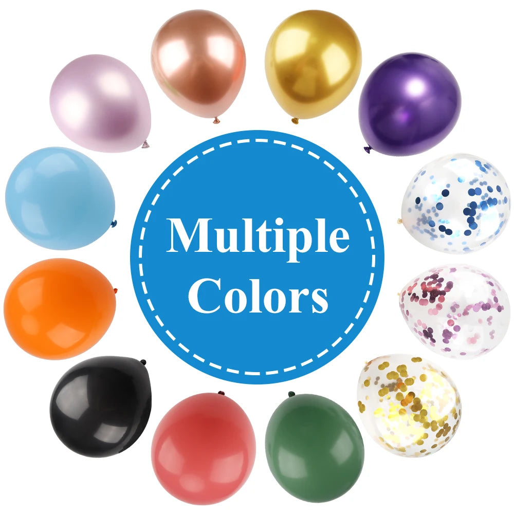 Eine Sammlung verschiedenfarbiger, mattschwarzer Latexballons in Pink, Gold, Lila, Blau, Orange, Schwarz und Grün.