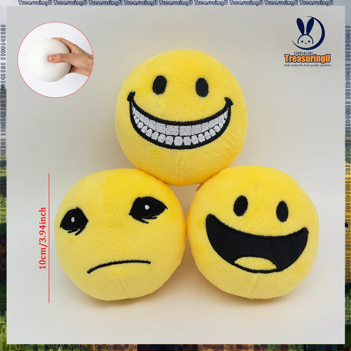 Three yellow plush dolls shaped like happy, sad, and angry emojis for stress relief