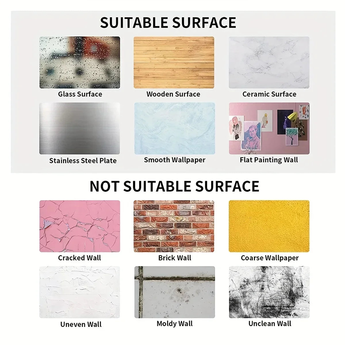 A display showing suitable and unsuitable surfaces for self-adhesive 3D acrylic mirror wall stickers.