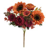 Un bouquet de fleurs artificielles avec des boutons de pivoine orange, rose et rouge foncé.