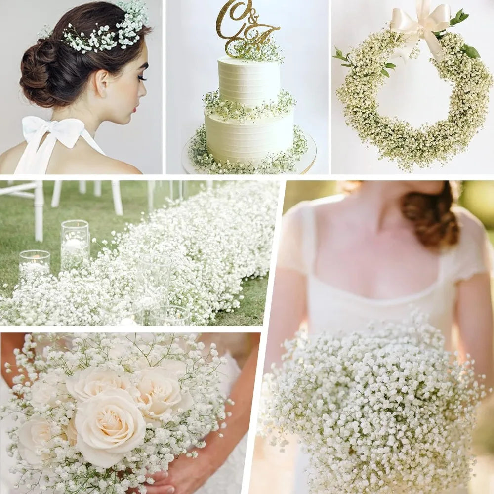 A collage showing a tiered cake, floral wreaths, and bouquets of white baby's breath flowers for arrangements.