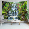Panoramic waterfall rainforest tapestry wall art featuring lush green foliage and cascading water.