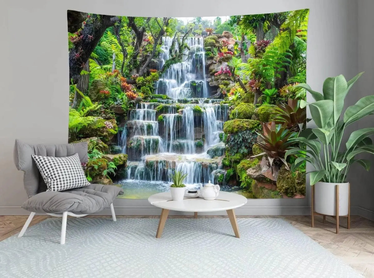Panoramic waterfall rainforest tapestry wall art featuring lush green foliage and cascading water.