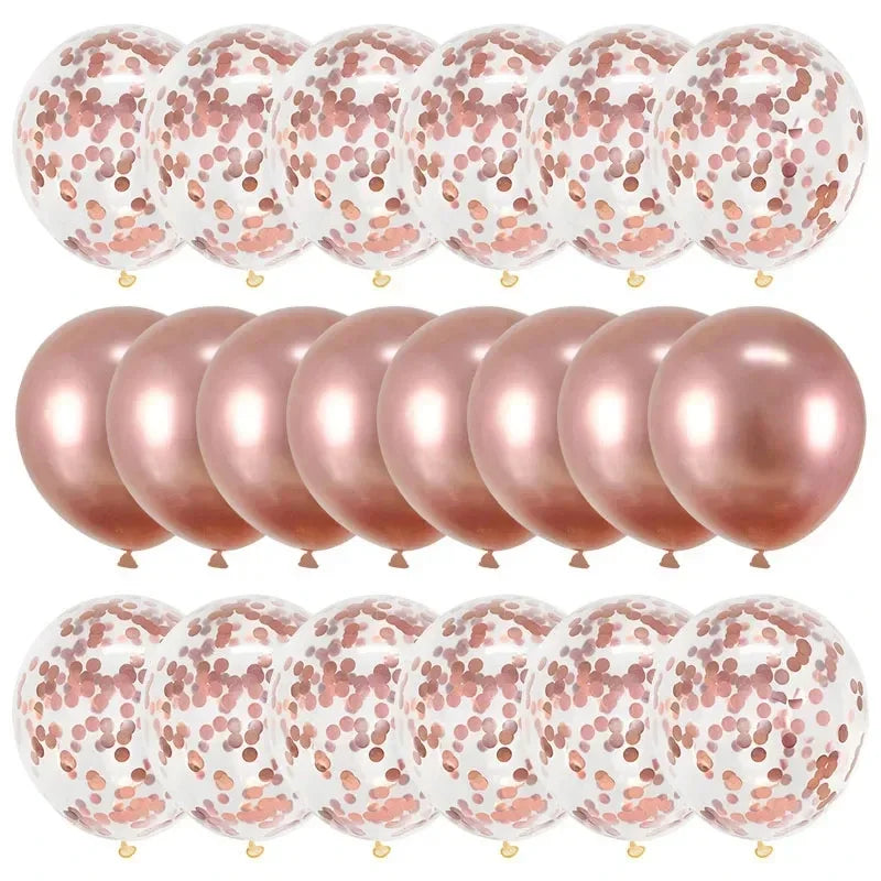 A pack of rose gold confetti balloons used for parties and celebrations.