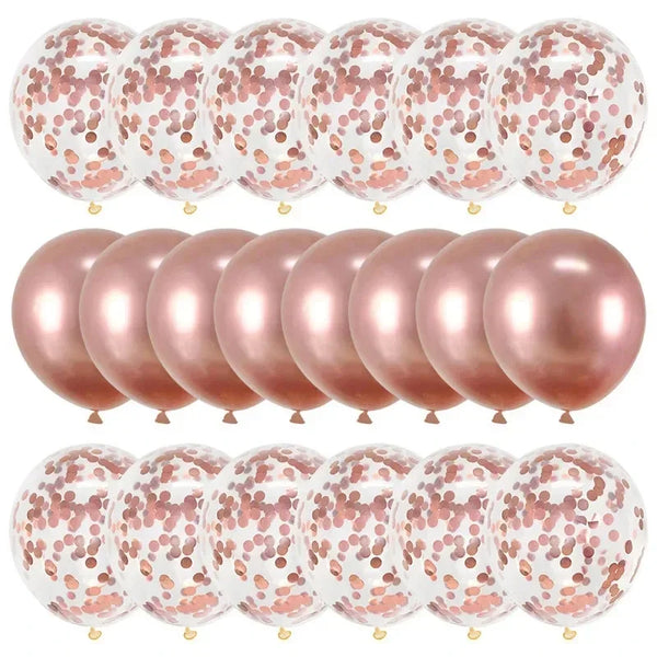 A pack of rose gold confetti balloons used for parties and celebrations.