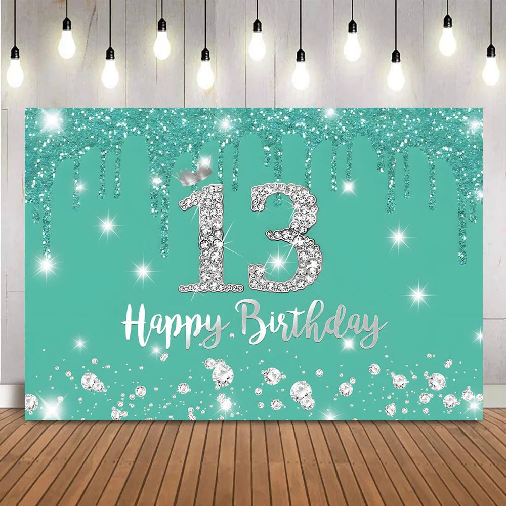 A teal backdrop banner with sparkling glitter and a large silver number 13 and the text Happy Birthday