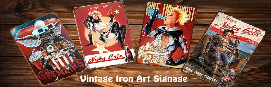 A collection of vintage iron art signage featuring Germlins and Nuka Cola designs on wooden planks.