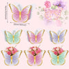 A set of colorful butterfly decorations including pink, purple, and green butterflies for a garden party table.