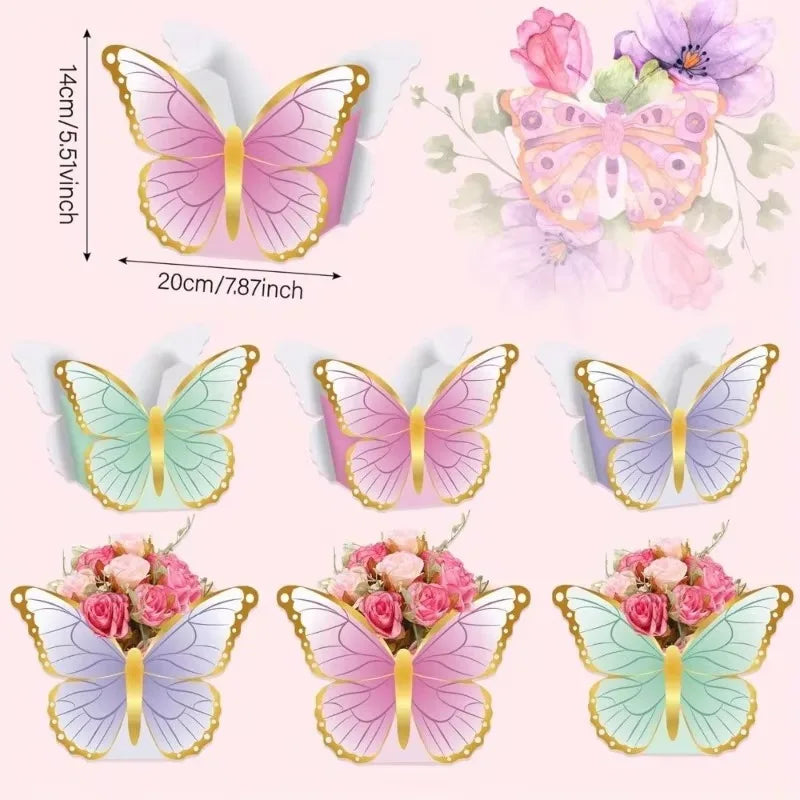 A set of colorful butterfly decorations including pink, purple, and green butterflies for a garden party table.