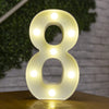 A glowing warm white LED alphabet letter light shaped like the number eight resting on a wooden surface.