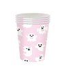 Pink ghost Halloween party tableware set with white cups featuring white ghost designs