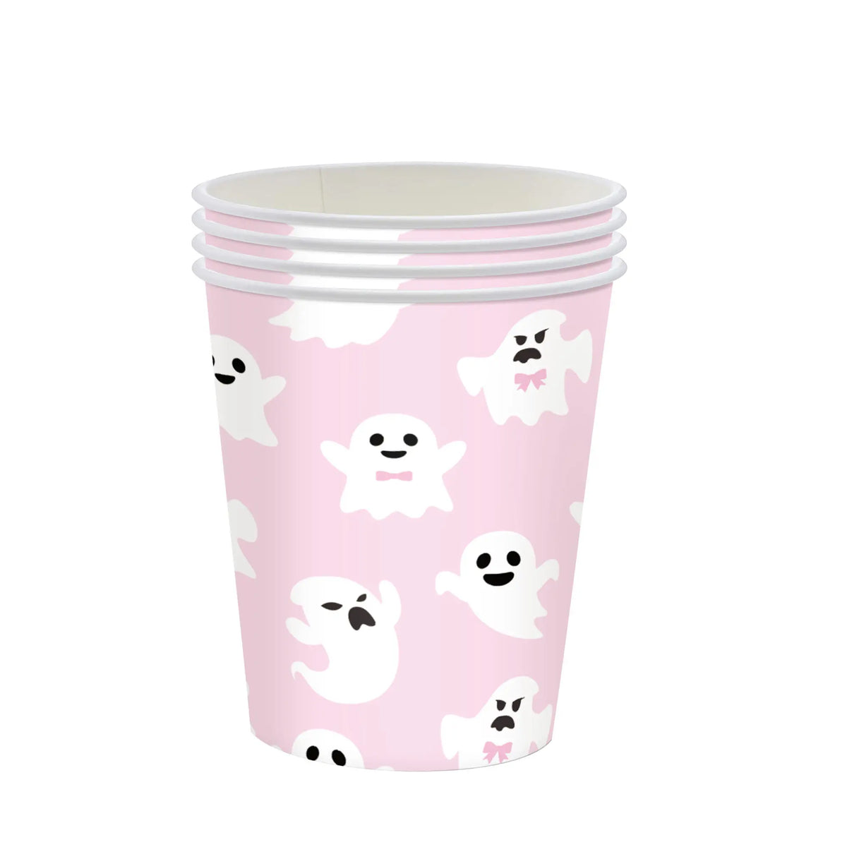 Pink ghost Halloween party tableware set with white cups featuring white ghost designs