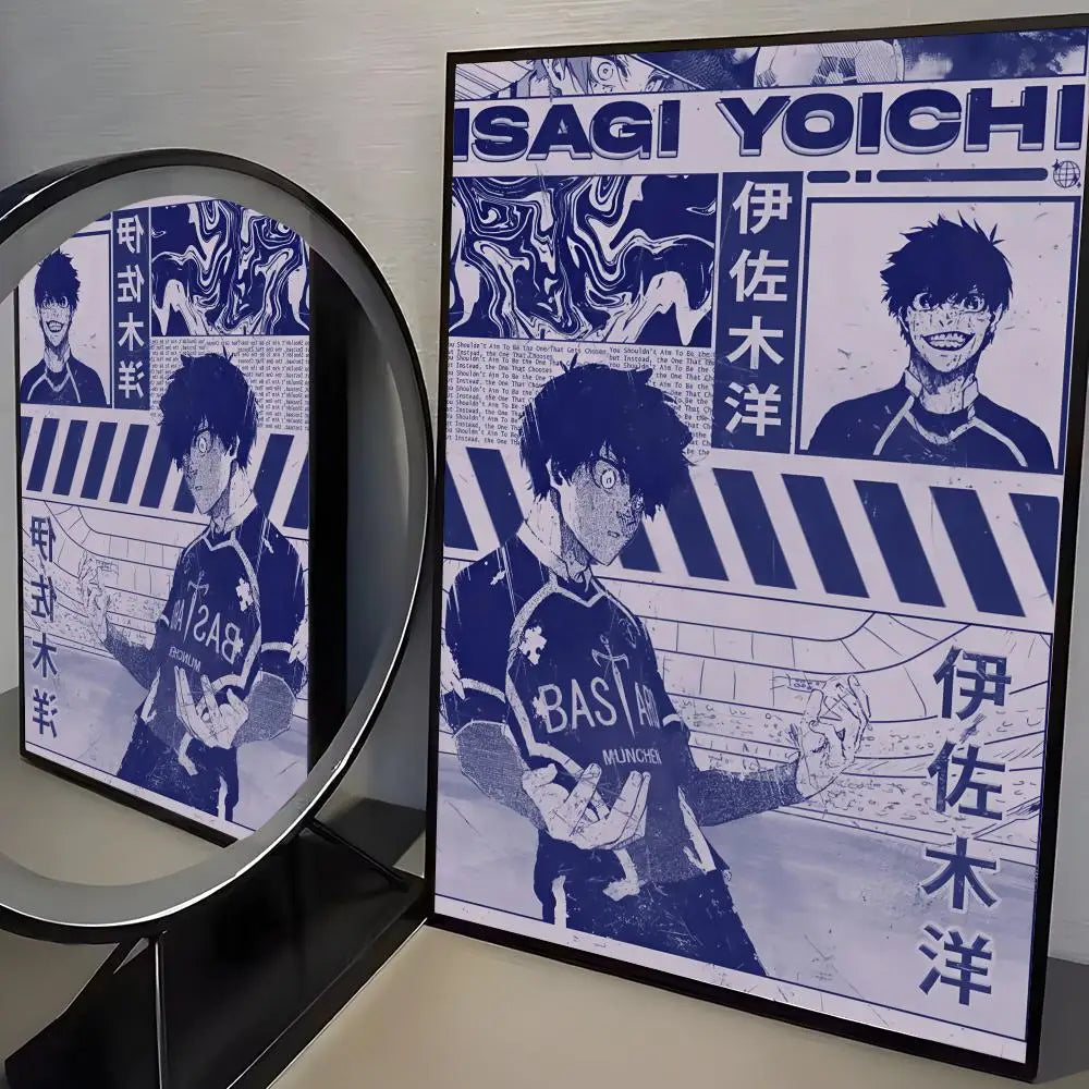 Canvas print featuring the character Yoichi Isagi from Blue Lock anime in a dark blue and white style.