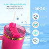 Pink replacement tumbler lid for a 40 oz water bottle shown with features like food-grade silicone and leak proof design.