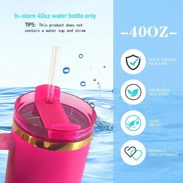 Pink replacement tumbler lid for a 40 oz water bottle shown with features like food-grade silicone and leak proof design.