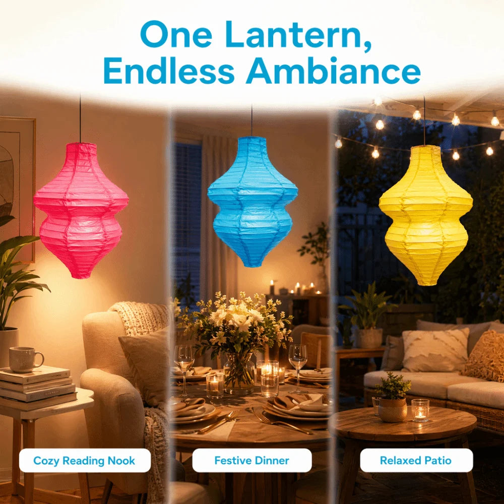 Three glowing lanterns in pink, blue, and yellow light creating endless ambiance for dining and relaxing.