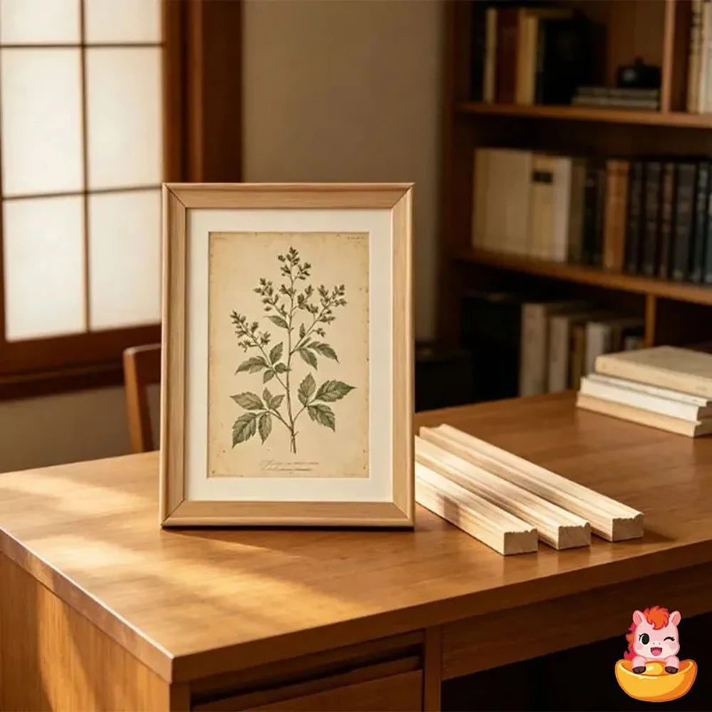 A framed botanical print in a wooden frame displayed on a light wood table.