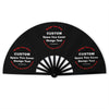A black folding fan with custom designs on the panels for photo and name display