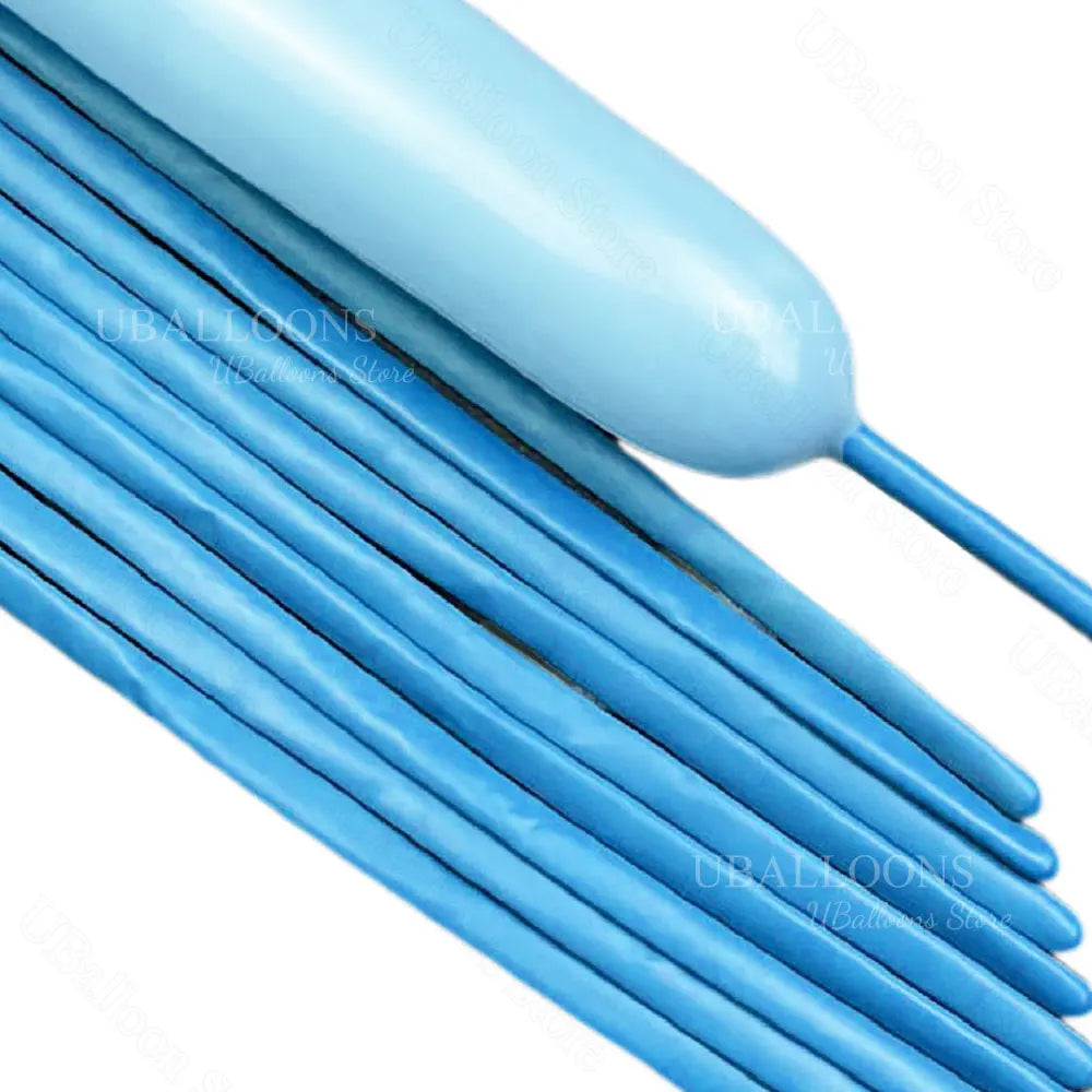 A bundle of light blue magic twisting balloons with long necks.