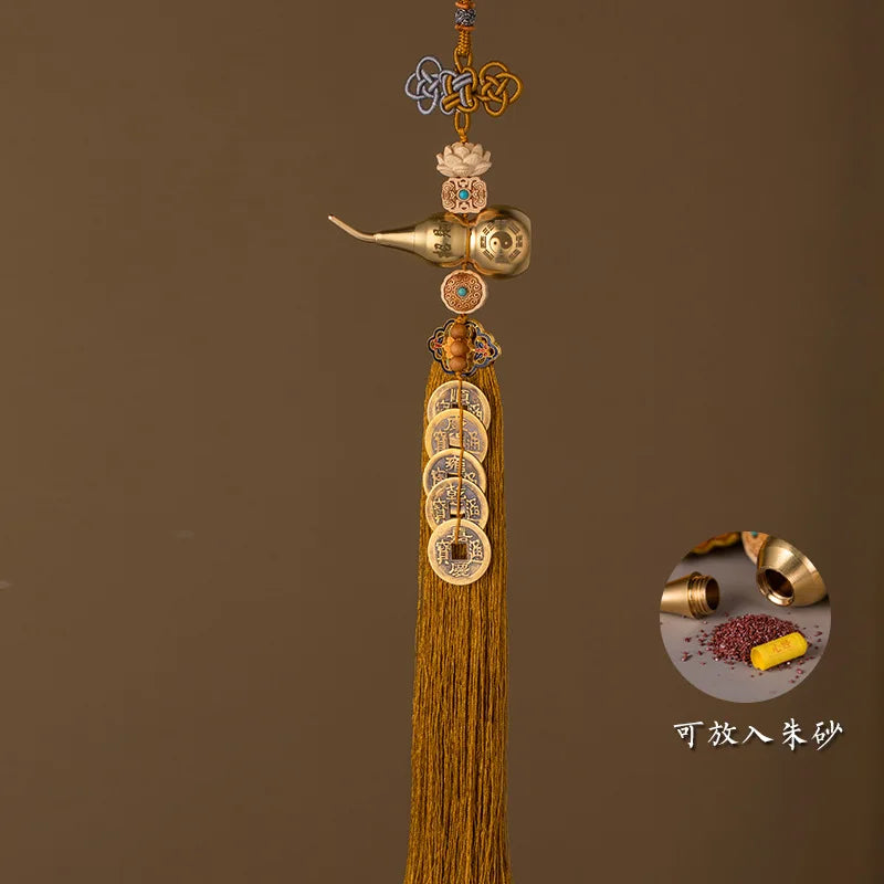 Brass gourd and five emperor coins hanging ornament with a long golden tassel
