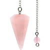 A clear pink gemstone point suspended on a silver chain, used as a natural stone pendulum.