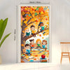 A vertical banner featuring a vibrant autumn scene with children sitting on a tree branch under colorful foliage.