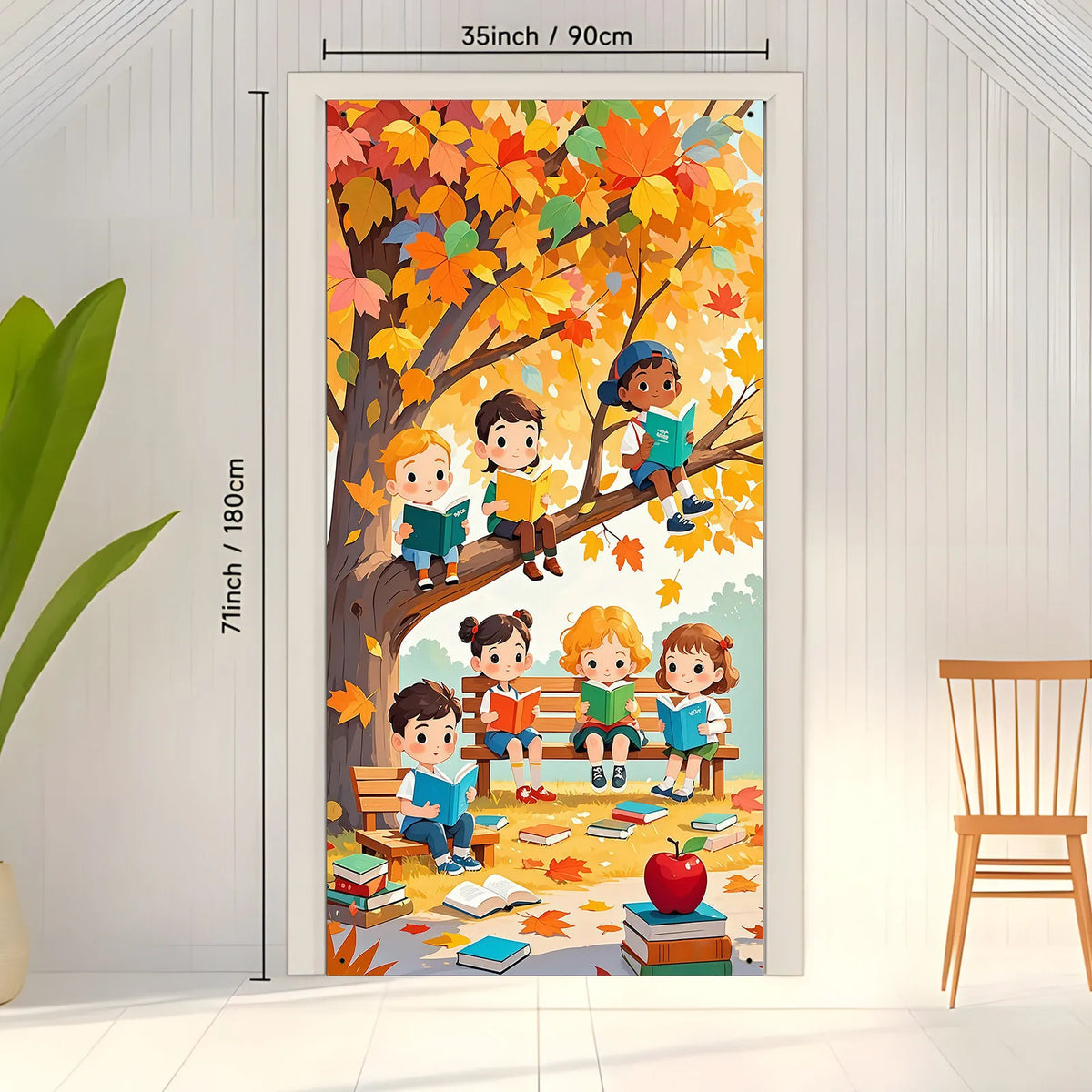 A vertical banner featuring a vibrant autumn scene with children sitting on tree branches under colorful foliage.