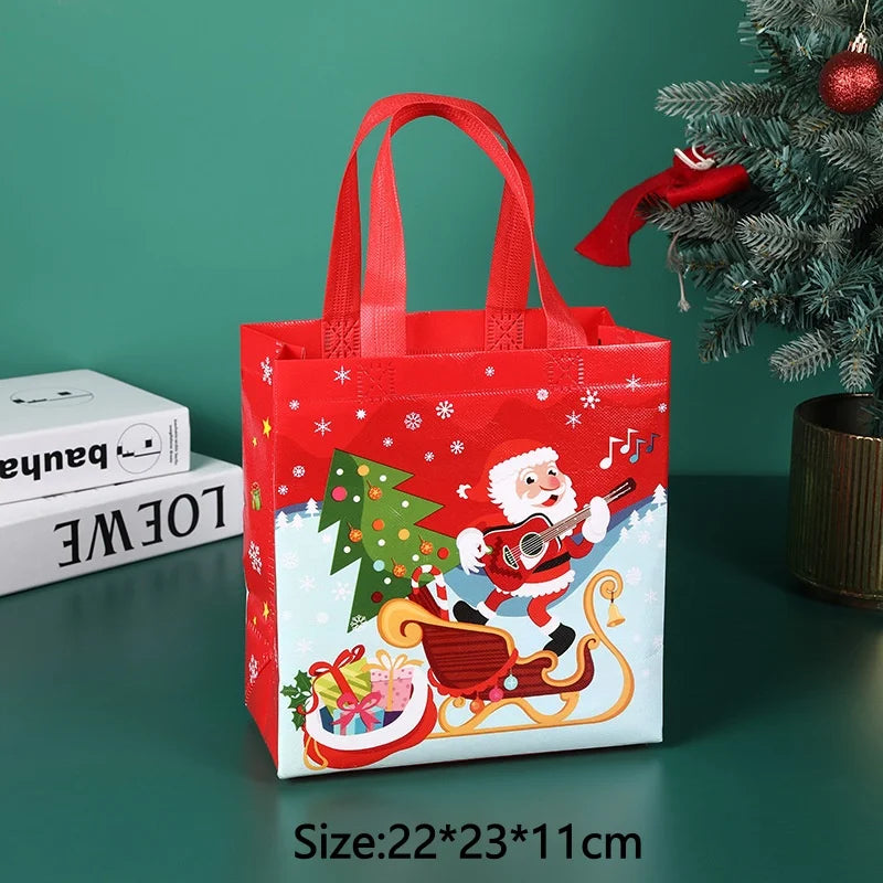 A red non-woven gift tote bag featuring a festive Christmas design with Santa and reindeer.