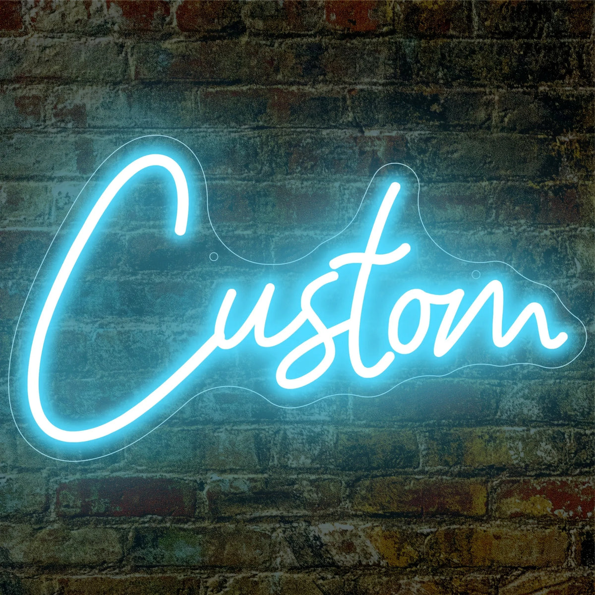 A glowing blue neon sign spelling the word Custom is mounted on a textured brick wall.