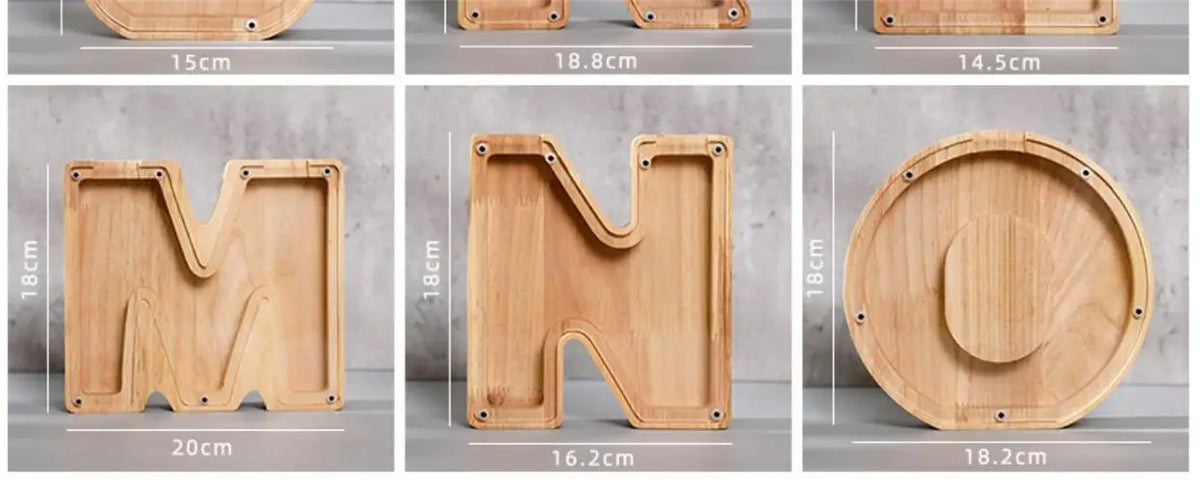 Wooden alphabet letters M, N, and O for a piggy bank or coin box.