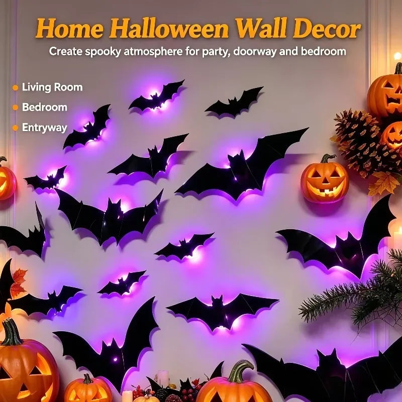 A wall decorated with glowing black bat silhouettes and carved pumpkins for Halloween decor