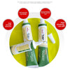 A green bottle of clear adhesive for squishy toys repairs is shown with surrounding quality icons.
