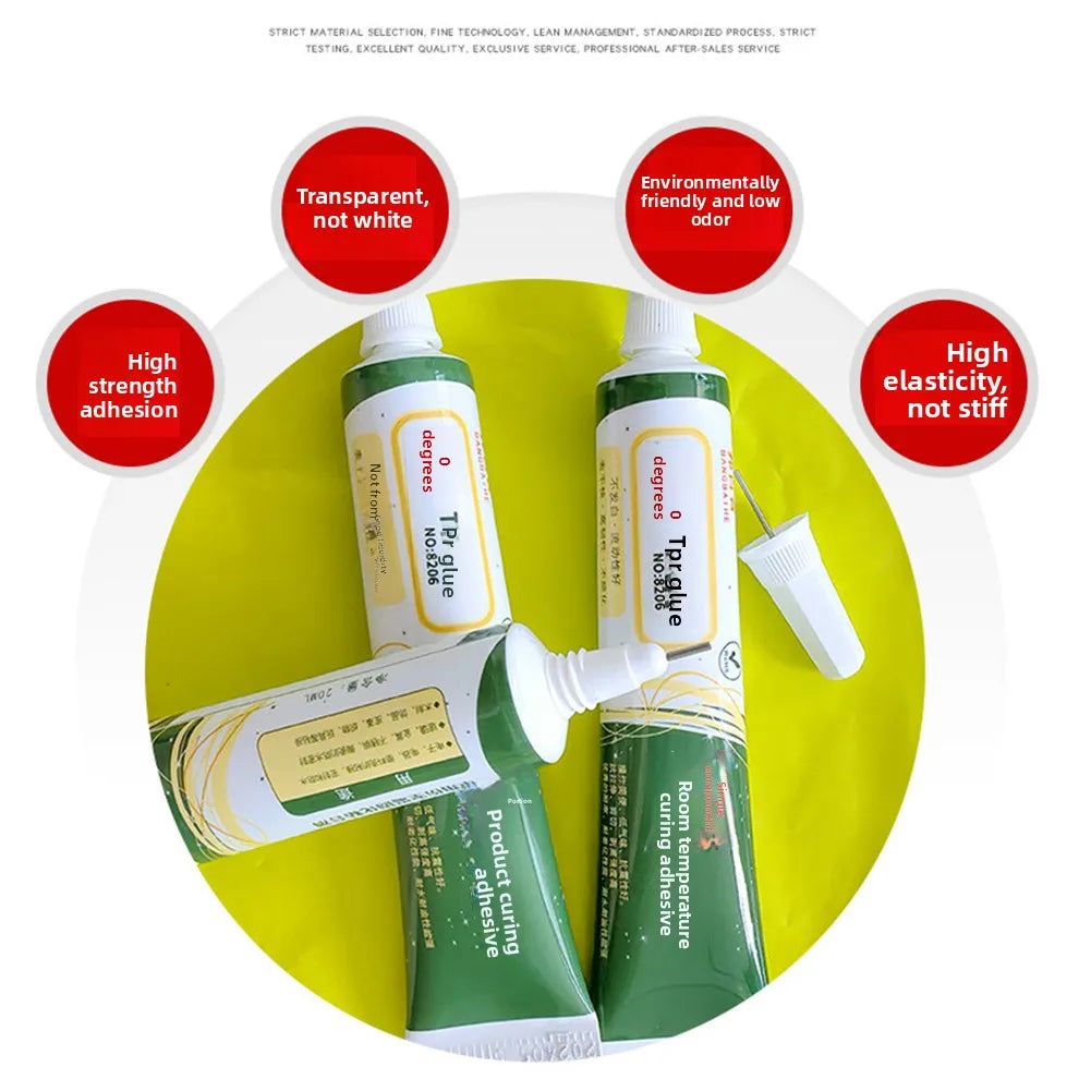 A green bottle of clear adhesive for squishy toys repairs is shown with surrounding quality icons.