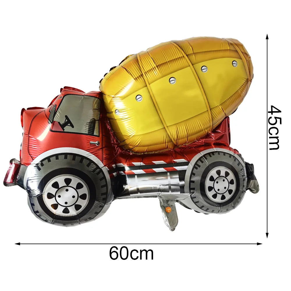 A red construction truck foil balloon decorated with a yellow oil drum, shown from the side.