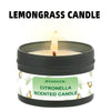 A black jar candle with a lit wick, labeled Citronella Scented Candle.