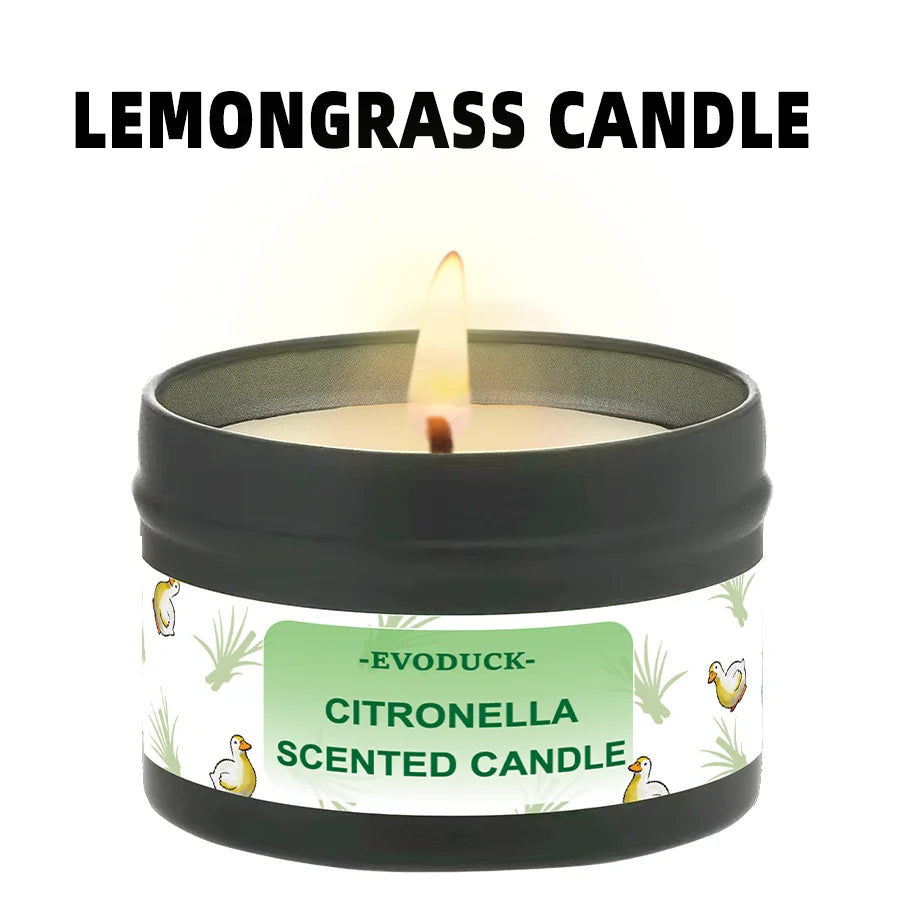 A black jar candle with a lit wick, labeled Citronella Scented Candle.