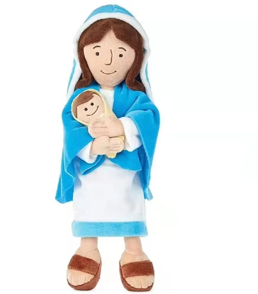 A plush doll depicting Jesus and the Virgin Mary wearing blue and white robes.