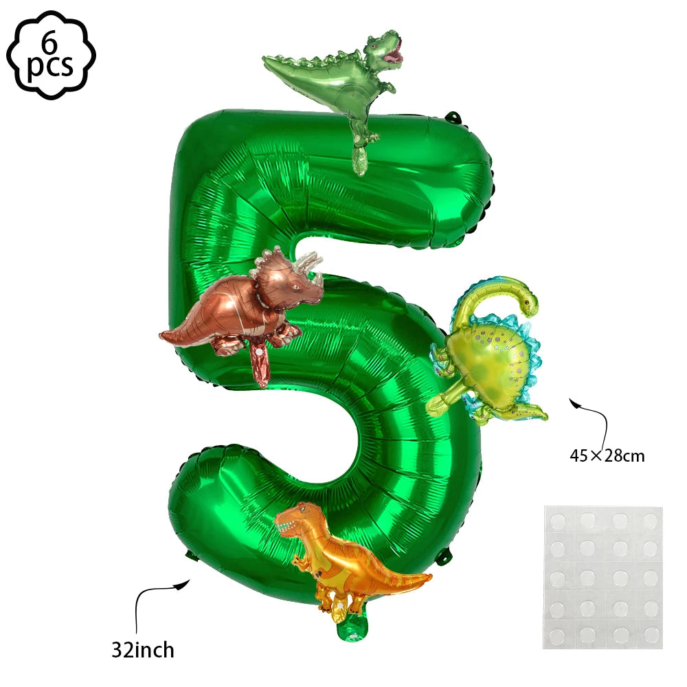 Green foil balloon shaped like the number 5 featuring a dinosaur design for a birthday party decoration kit