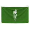 A dark green banner featuring a white stylized horse design.