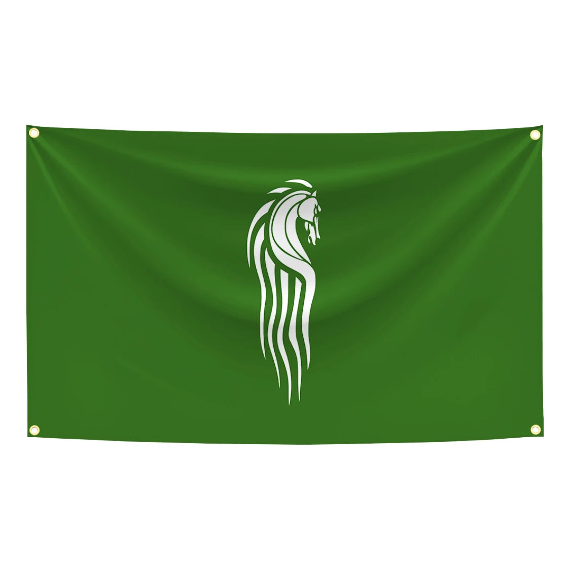 A dark green banner featuring a white stylized horse design.