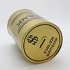 A round, gold-colored metal piggy bank with black text and a slot for inserting money.