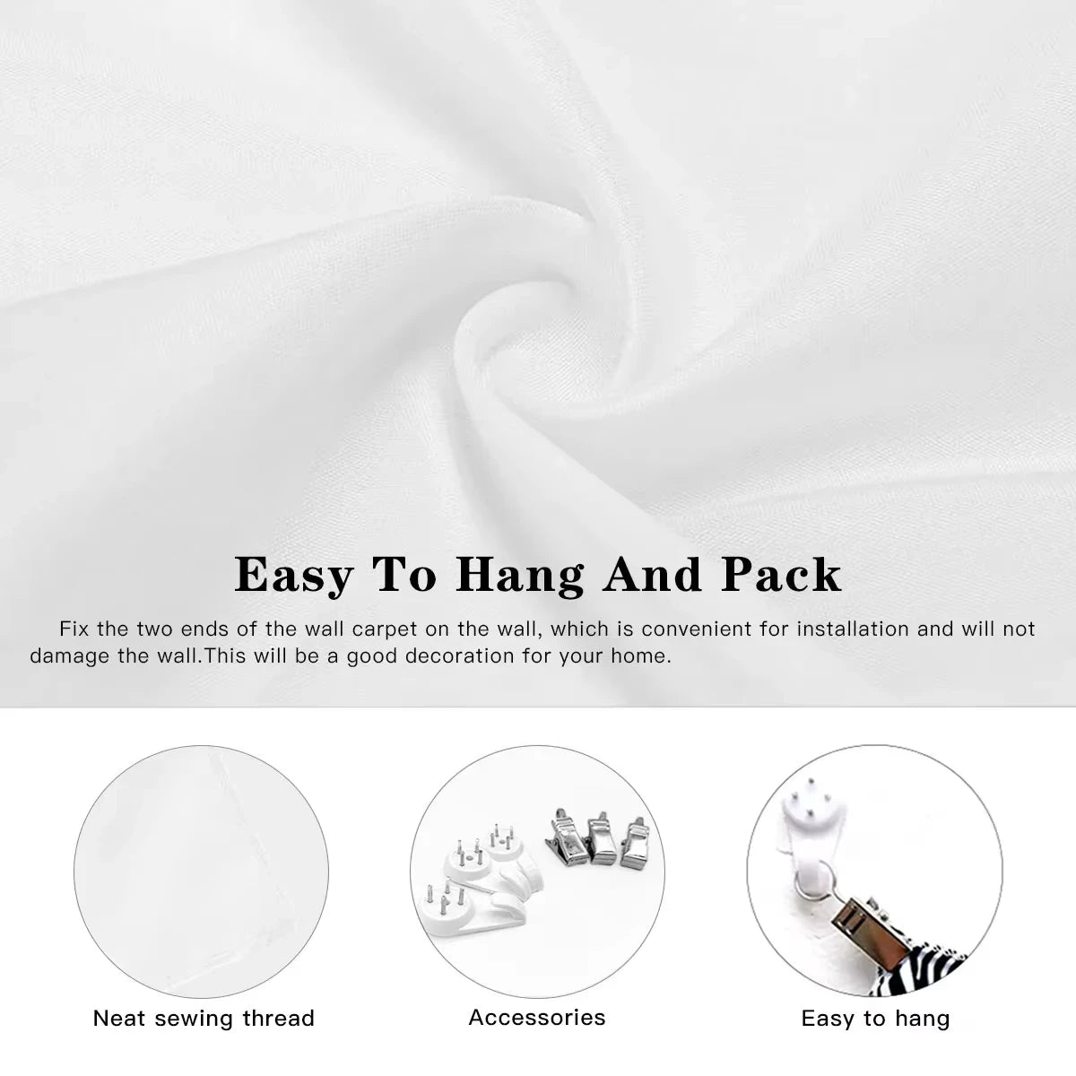 Wall tapestry showing how to easily hang and pack the product with sewing thread accessories