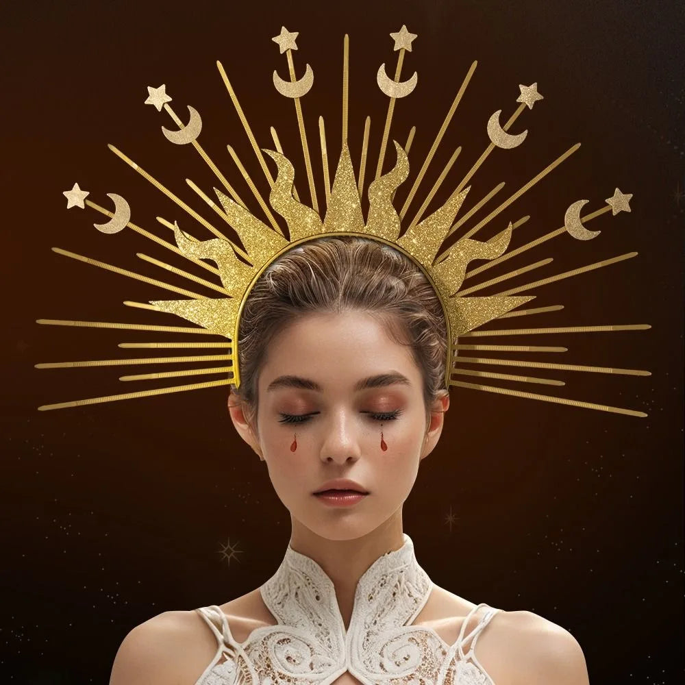 A woman wearing a celestial halo headband with gold and silver star accents against a dark background.