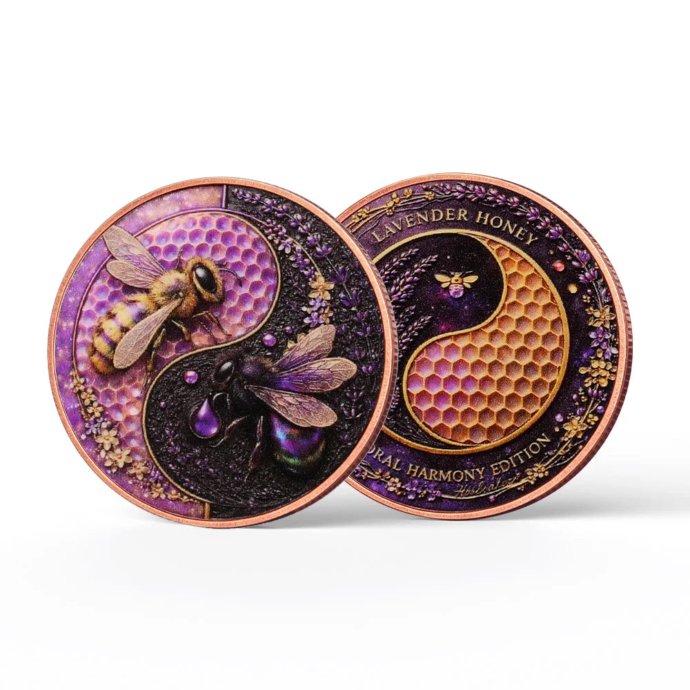 A round copper bar featuring lavender honey art and a bee design, presented in a protective case.