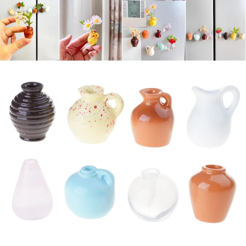 A set of eight small ceramic vases in various colors including black, cream, orange, and white.