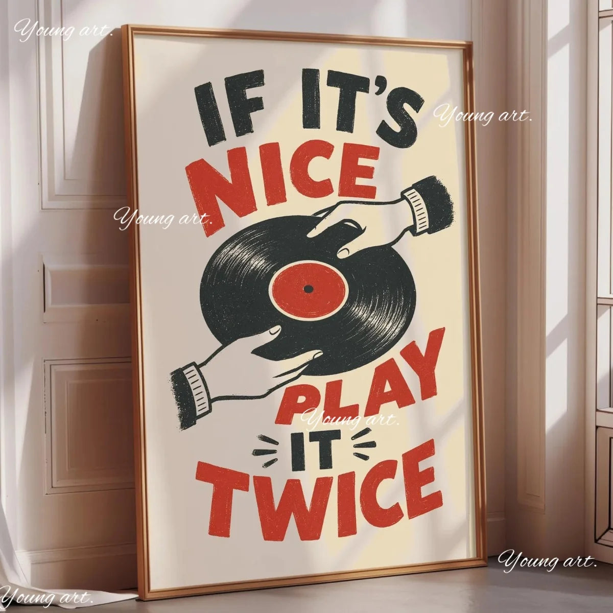 A canvas art print featuring text that reads If It's Nice Play It Twice in red and black on a light background.
