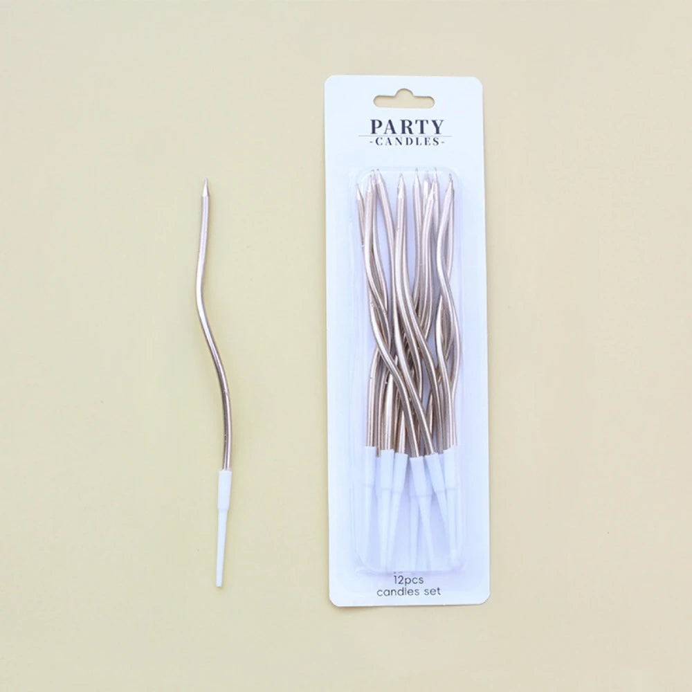 A package of 12 party candles featuring long, thin, spiral-shaped birthday candles.